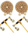 Heavy Duty 2 Pack Ratchet Load Binder Set With Grade 80 Chain And Grab Hooks 9200 Lbs Capacity with hooks and chains laid out.