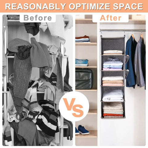 Five Tier Hanging Closet Organizer With Side Pockets, Super Solid Foldable Wardrobe Rack, Keeps Bedroom Clutter At Bay, Reinforced Steel Frame And Breathable Grey Fabric, Next Level Closet Upgrade For Small Spaces
