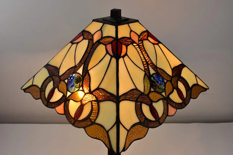 Stained Glass Table Lamp With A Vintage Banker Mission Vibe, 23.5 Inch Tall, Tan Brown Red Glass Shade, Handmade Gift