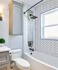 Bathroom with Single-Handle Tub And Shower Faucet Set With Pressure-Balancing Valve Included, Matte Black Bathroom Shower System Featuring Touch-Clean Shower Head And Tub Spout, Easy Install Trim Kit on white tiled wall.