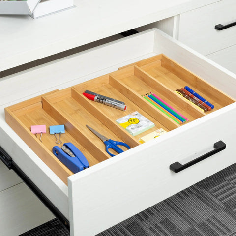 Expandable Bamboo Drawer Organizer For Kitchen Utensils And Flatware Adjustable Cutlery Tray And Knife Organizer Drawer Divider With Five Slots Fits Large Or Small Drawers Go To Kitchen Must Have Home Organizer installed in white drawer with office supplies.