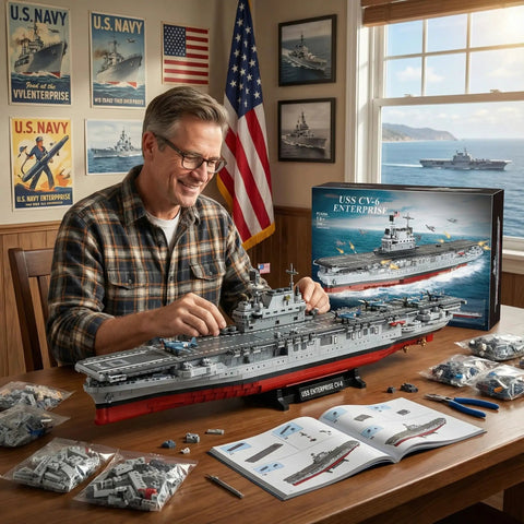Man assembling USS Enterprise Aircraft Carrier Building Kit 1883 Piece Military Ship Model with booklet and box in background