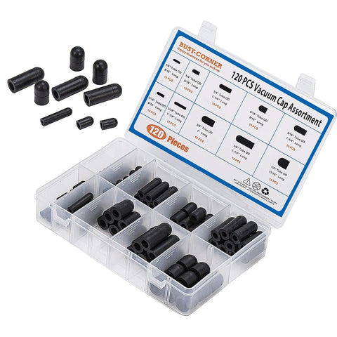 Rubber Vacuum Cap Set 120 Piece Assortment in 10 Sizes For Tubes From One Eighth Inch To One Half Inch OD, organized in a transparent box.