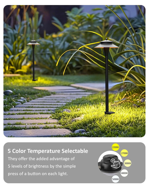 Low Voltage LED Pathway Lights 12V Wired With Adjustable Color Temperatures 2200K 2700K 3000K 4000K 5000K Black 20 Inch Umbrella Style Landscape Lighting Pack Of 6 placed along a garden path.