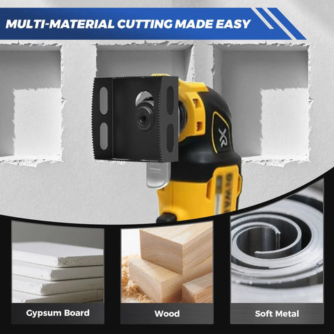 Upgraded Stainless Steel Square Slot Cutter For Drywall Outlet Box attached to oscillating multi tool cutting drywall slots.