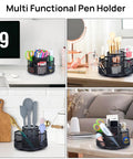 360 Degree Desk Pen Holder With Seven Compartments Floral Design Black Finish Rotating Cup Organizer For Office Desk