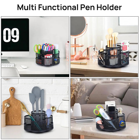 360 Degree Desk Pen Holder With Seven Compartments Floral Design Black Finish Rotating Cup Organizer For Office Desk