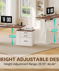 Farmhouse Electric Standing Desk 75.5 Inch With Drawers And Storage Adjustable Height Sit Stand Computer Office Desk White Walnut Color with monitor and storage.