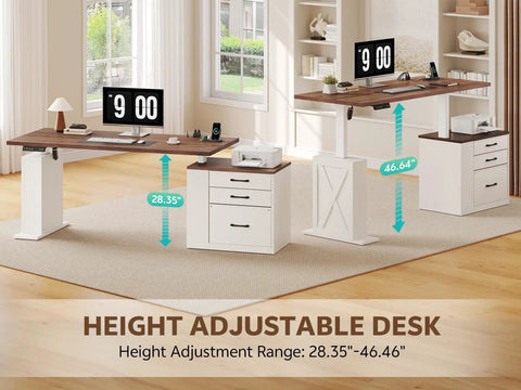 Farmhouse Electric Standing Desk 75.5 Inch With Drawers And Storage Adjustable Height Sit Stand Computer Office Desk White Walnut Color with monitor and storage.