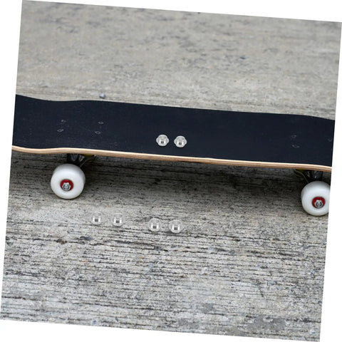 Durable Aluminum Inline Skate Spacers Kit 20 Pieces Self Centering Gasket Bearings And Bushings displayed on skateboard