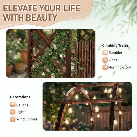 Heavy Duty Wooden Garden Arbor With Gate Trellis For Ceremony And Wedding Decor Garden Arch Pergola For Plant Climbing Patio Or Lawn Accessory Carbonized Wood Finish