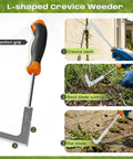 Three In One Weed Puller Tool Set With Ergonomic Handle And Stainless Steel Heads showing L-shaped crevice weeder in use