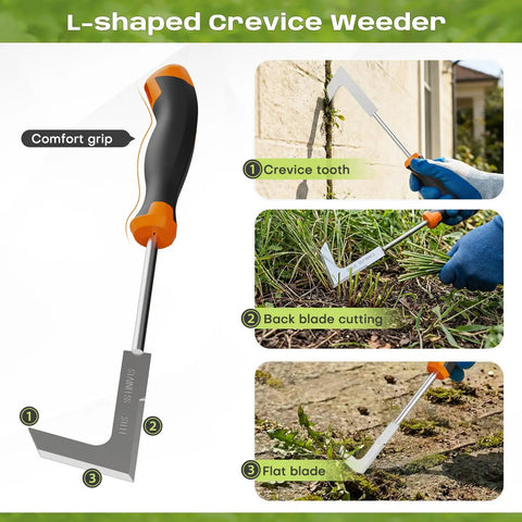 Three In One Weed Puller Tool Set With Ergonomic Handle And Stainless Steel Heads showing L-shaped crevice weeder in use