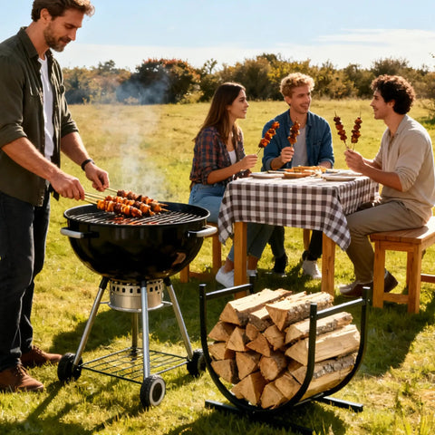 Outdoor barbecue scene with 17 Inch Heavy Duty Firewood Rack Holder, Metal Log Storage Stand with wood, near dining table