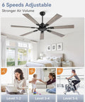 Black 60 Inch Ceiling Fan No Light With Remote in modern bedroom, featuring quiet DC Motor, 6 speeds, 7 blades.
