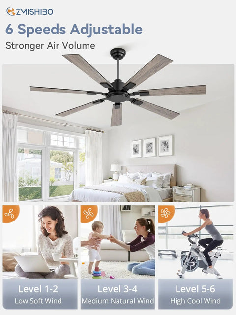 Black 60 Inch Ceiling Fan No Light With Remote in modern bedroom, featuring quiet DC Motor, 6 speeds, 7 blades.