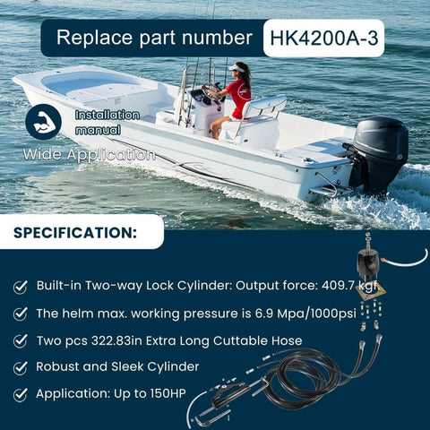 150HP Hydraulic Outboard Steering Kit For Boats Marine System with Single Station Use, showing parts and application on boat