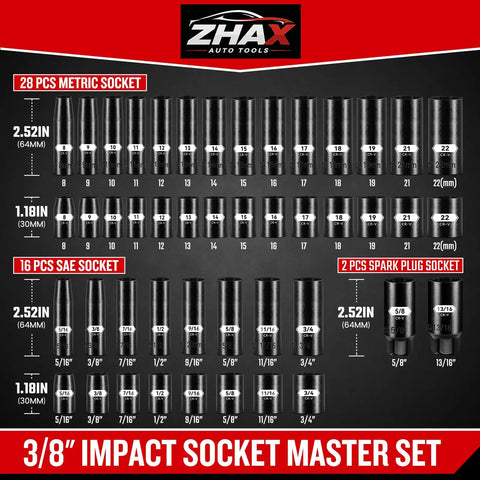 Super Heavy Duty 3/8 Inch Drive 6-Point Impact Socket Set Featuring A Sick Mix Of 44 Pieces Including Spark Plugs And Shallow Deep Cr-V Sockets For Metric Sae Bolts With Wrench Ratchet Kit Perfect For Your Garage Rig Work.