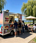 Straight Fire 13 Ft Fiberglass Food Truck Setup, Plug And Play Mobile Dessert Cart With Built In Air Conditioning, Dot Certified Sweet Shop Kit Ready To Roll And Cash Checks, people ordering desserts.