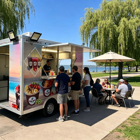 Straight Fire 13 Ft Fiberglass Food Truck Setup, Plug And Play Mobile Dessert Cart With Built In Air Conditioning, Dot Certified Sweet Shop Kit Ready To Roll And Cash Checks, people ordering desserts.