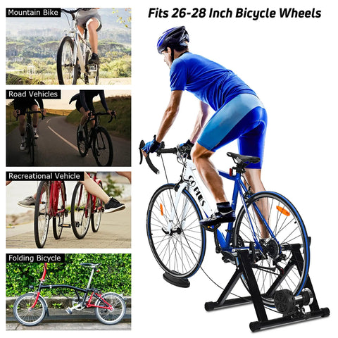 Indoor Bike Trainer Stand With 8 Levels Of Resistance Portable Steel Cycling Trainer for 26 to 28 Inch Mountain and Road Bikes.