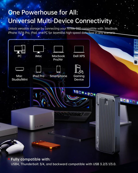 Blazing Fast 40Gbps USB4 NVMe Enclosure With Heavy Duty Triple Cooling Aluminum Shield For Thunderbolt 4 And 3 Portable Rugged External SSD Drives Pro Maker Total Game Changer on desk with devices.