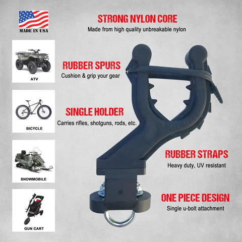 Single ATV Gun And Bow Rack For Handlebar Mounts, showing rubber spurs, single holder, and nylon core details.