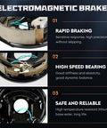 Trailer brake drum components collage; three close-up views of brake shoes, springs, and hub backing plate.