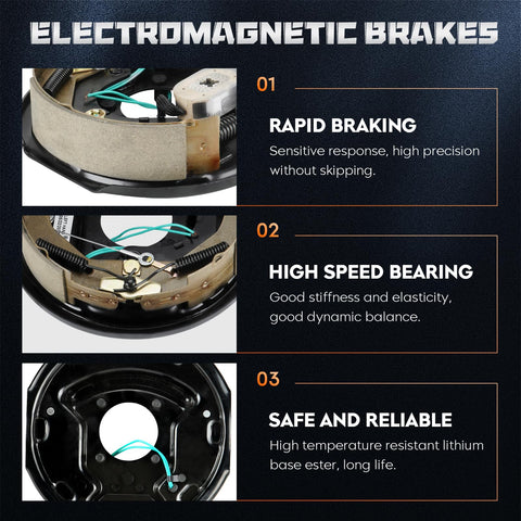 Trailer brake drum components collage; three close-up views of brake shoes, springs, and hub backing plate.