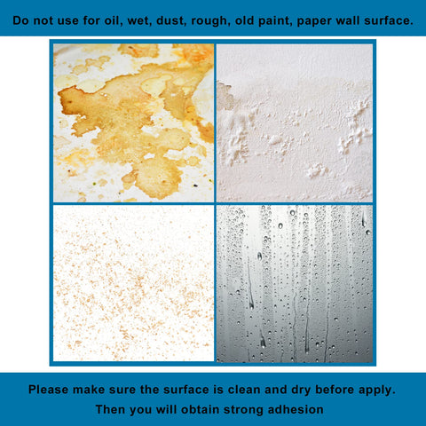 Surfaces not for Heavy Duty Double Sided Mounting Tape for Wall Art; oil, wet, dust, rough, old paint, paper surfaces shown