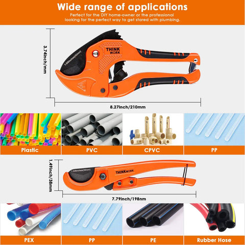 One Hand Ratchet Pipe Cutter Set 1 5 8 in OD and PEX Straight Cutters 1 3 8 in OD 2 Pack for PVC and PEX pipes.