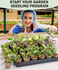 Woman tending Clear 4 Inch Plant Pots With Drainage Holes, High Transparency Plastic Nursery Pots For Seedlings in greenhouse.
