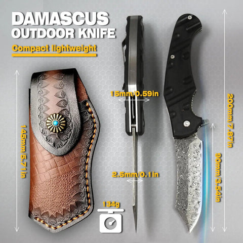 Beefy 67 Layer Damascus Steel Folding Pocket Knife With VG10 Core and G10 Handle next to leather sheath, dimensions shown.
