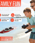 Father and son using Turbo 18 Inch High Speed Remote Control Boat For Adults Up To 21 MPH at beachside, family fun