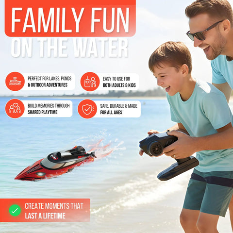 Father and son using Turbo 18 Inch High Speed Remote Control Boat For Adults Up To 21 MPH at beachside, family fun