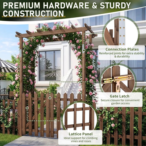 7.1Ft Wooden Garden Arbor With Gate And Picket Fences Lattice Sides Weather Resistant Arch Trellis For Climbing Plants