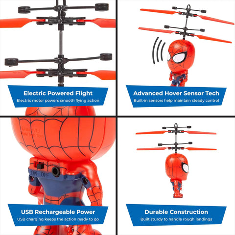 Marvel Spider Man Big Head Helicopter Toy With Motion Sensing Flight For Kids 6 Plus showing flight features and construction