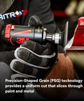 Cubitron II Roloc Fiber Disc 3 Inch 36 Plus Grit used for metal grinding with precision-shaped grain technology in action