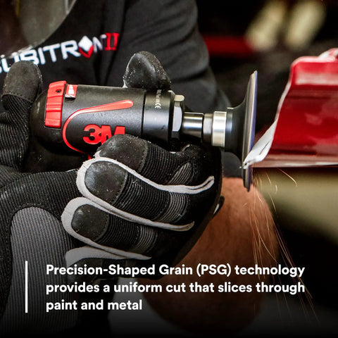 Cubitron II Roloc Fiber Disc 3 Inch 36 Plus Grit used for metal grinding with precision-shaped grain technology in action
