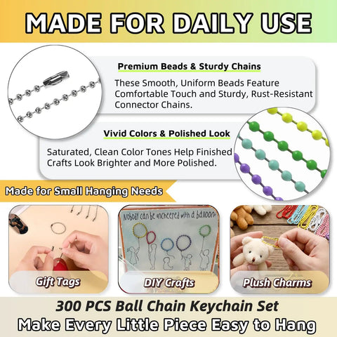 Bulk Ball Chain Keychain Set With 300 Pieces, 2.4mm By 4.72 Inch Beaded Chains And Connectors, 200 Silver Stainless Steel Color Links And 100 Mixed Color Links, Perfect For DIYers Making Dog Tag Necklaces, Crafts And Jewelry Projects.