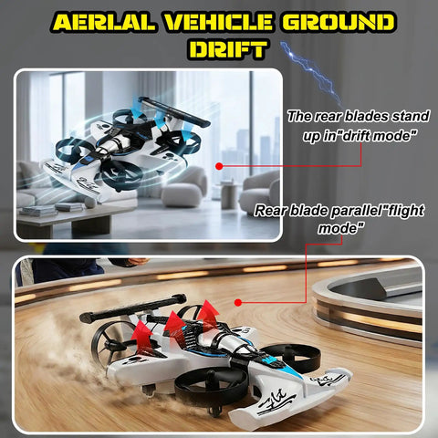 2 In 1 Flying Car And Stunt Drone Dual Mode RC Quadcopter And Racing Drift Vehicle Indoor Micro Remote Control Toy showing drift and flight modes.