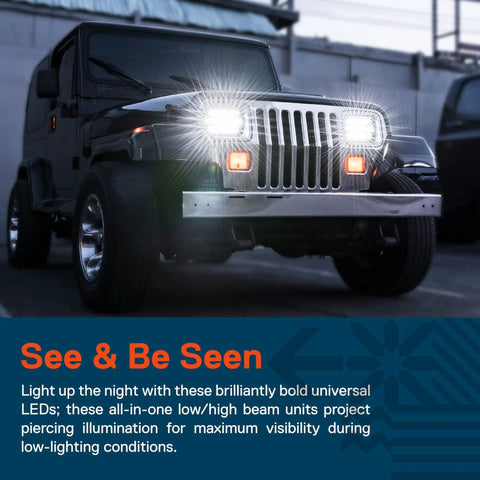 Jeep with 7x6 and 5x7 H6054 LED headlights 6000K pure white 3375 lumens at night, illuminating street for safer driving