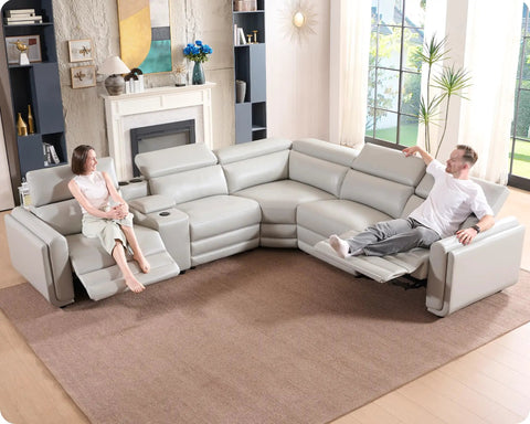 Power Recliner Sectional Sofa With Storage And USB Port, Leather 5 Seat Reclining Sectional With Console And Cup Holders