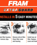 Installation steps for Extra Guard CA4309 Engine Air Filter for Nissan, Infiniti, Saab, Subaru, showing easy installation process.