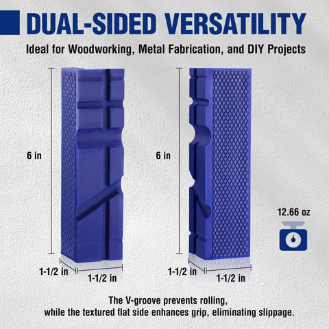 Six Inch Magnetic Vise Jaw Pads With TPU Soft Grips, Dual Sided V Groove And Flat Surface for woodworking and metalworking.