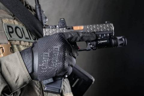 Person wearing 0.5mm AX-Suede Tactical Gloves With Tight Fit And Precision Feel For High Dexterity In Airsoft, Paintball, DIY And Work, Grippy Do-It-All Comfort With Secure All-Day Wear - Men's Large Black, holding a firearm.
