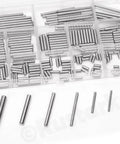 100 Pcs M6 Stainless Steel Dowel Pin Kit With 11 Sizes From M6x6mm To M6x45mm in a compartmented storage box