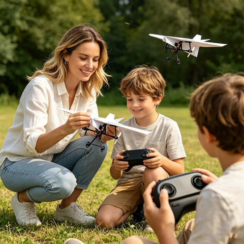 Family enjoying Totally Fun DIY Electric Remote Control Paper Airplane Kit With Gyro Stabilizer And Dual Propellers in park