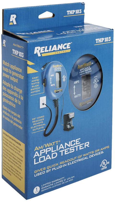 AmWatt Appliance Load Tester Plug With Digital Amp And Watt Readout, Switch Between Amps And Watts, 15 Amp Capacity, 125 To 1875 Watt Range, 26 Inch Cord Reaches Remote Outlets, Blue box