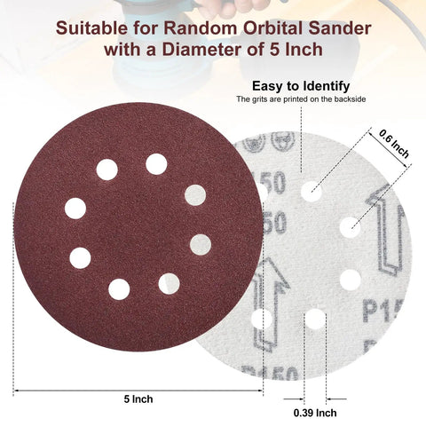 5 Inch Sanding Discs Kit, 50 Piece Multi Grit Sandpaper Set showing front and back with grits labeled, for Random Orbital Sander.